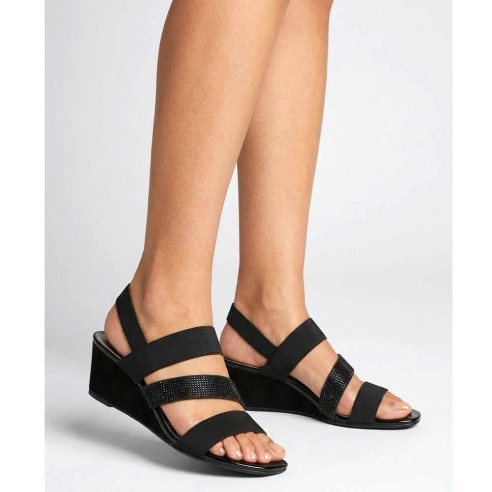 Anne Klein Wedge Sandals 5.5 Elastic Rhinestone Comfort Dress Black Blessing
